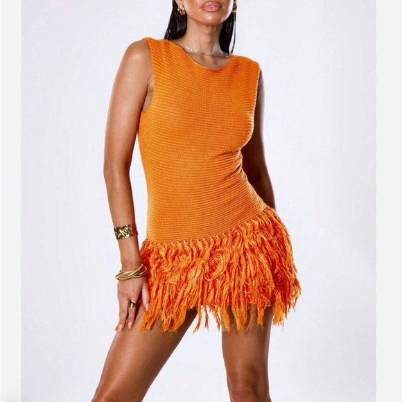 MUSERA Tassel Hem Crochet Knit Mini Sweater Dress in orange size XS - Picture 2 of 15